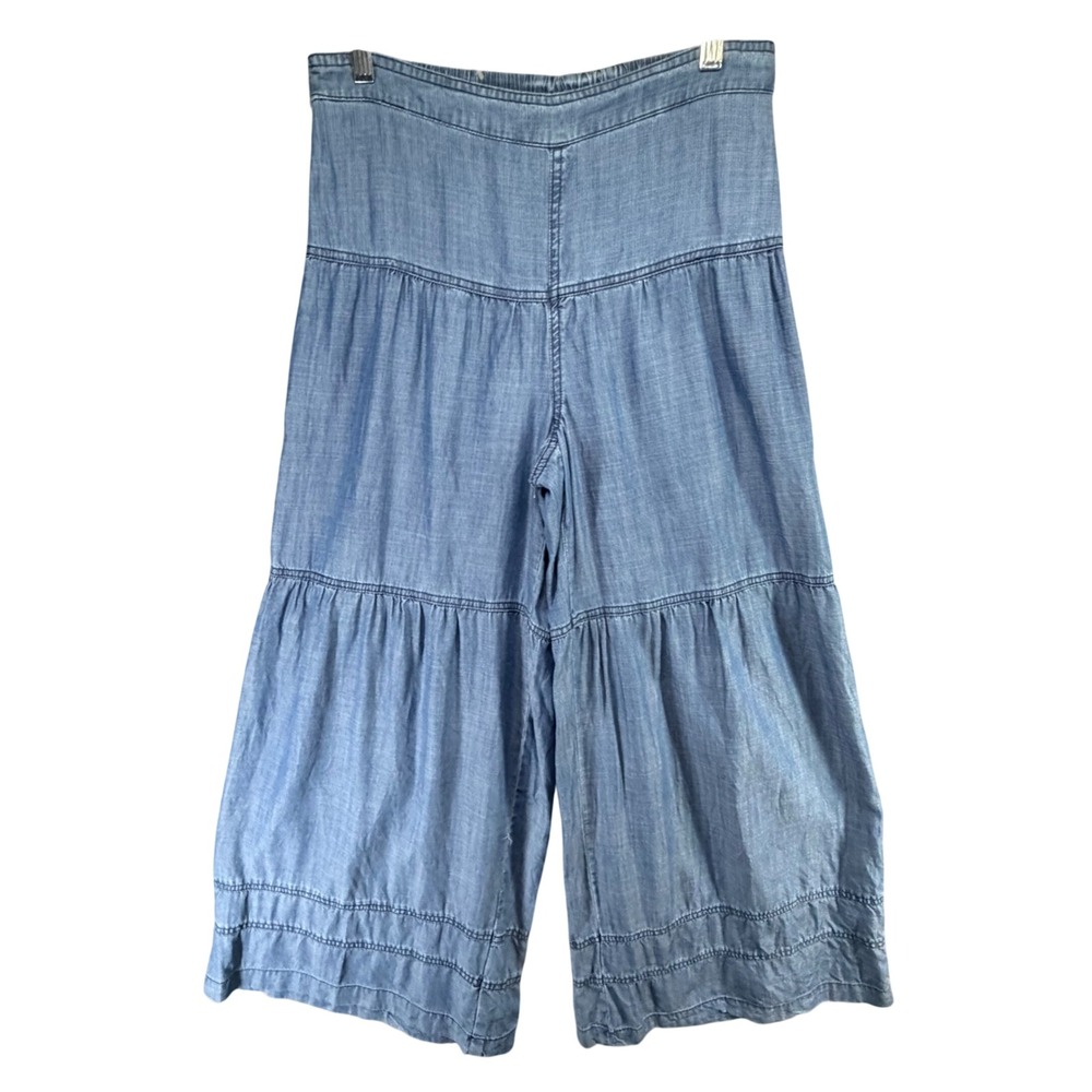 Anthropologie Current Air Chambray Tiered Wide Leg Pant M Blue Flowy Modern Boho - Picture 2 of 16